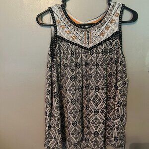 Lace Tank Blouse, Black and Tan with Lace Sleeves